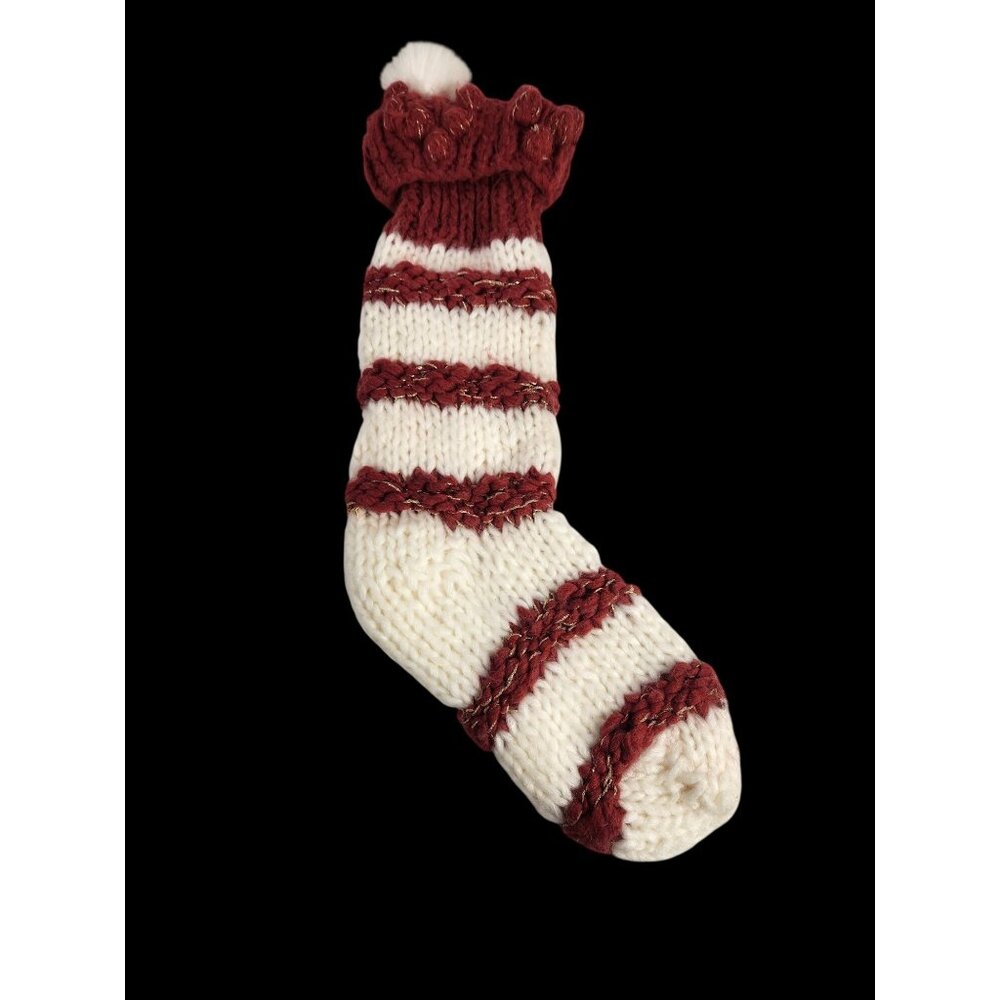 Madison Home Large Knitted Hanging Christmas Stocking Creme Maroon Fur Accent 26